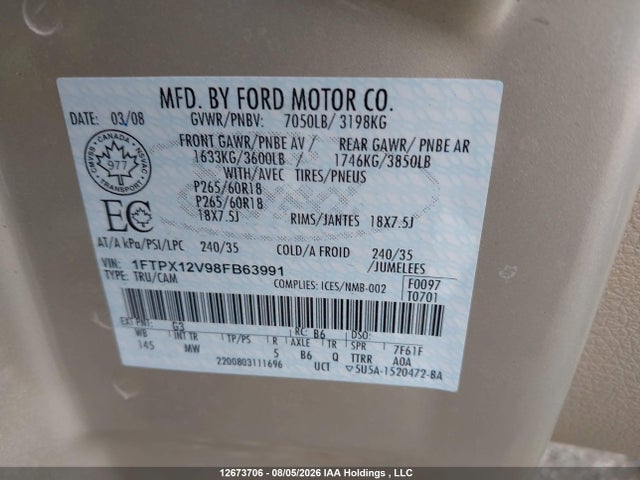 Aukcja sprzedaży 2008 Ford F-150 Lariat/xl/xlt, vin: 1FTPX12V98FB63991, numer aukcji: 12673706