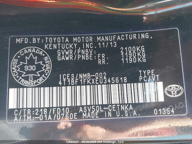 Aukcja sprzedaży 2014 Toyota Camry Le, vin: 4T1BF1FKXEU345618, numer aukcji: 12685027