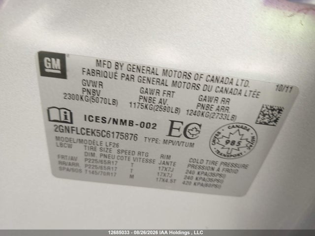 2012 Chevrolet Equinox Ls მანქანა იყიდება აუქციონზე, vin: 2GNFLCEK5C6175876, აუქციონის ნომერი: 12685033