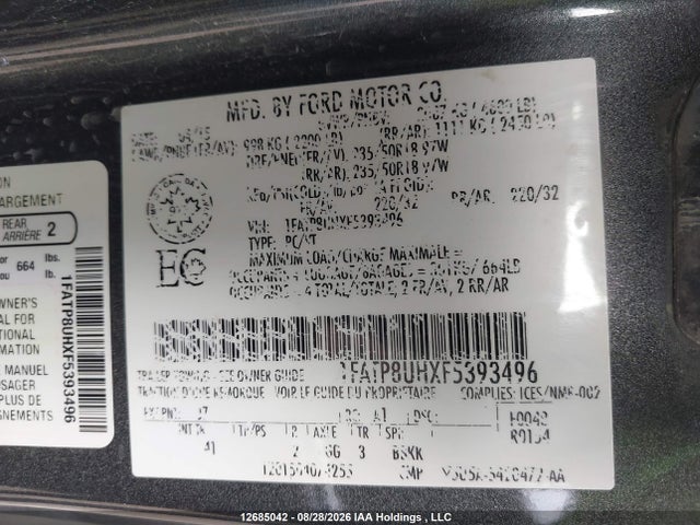 12685042 :رقم المزاد ، 1FATP8UHXF5393496 vin ، 2015 Ford Mustang مزاد بيع