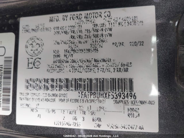 12685042 :رقم المزاد ، 1FATP8UHXF5393496 vin ، 2015 Ford Mustang مزاد بيع