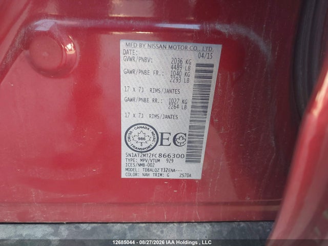 12685044 :رقم المزاد ، 5N1AT2MT2FC866300 vin ، 2015 Nissan Rogue مزاد بيع