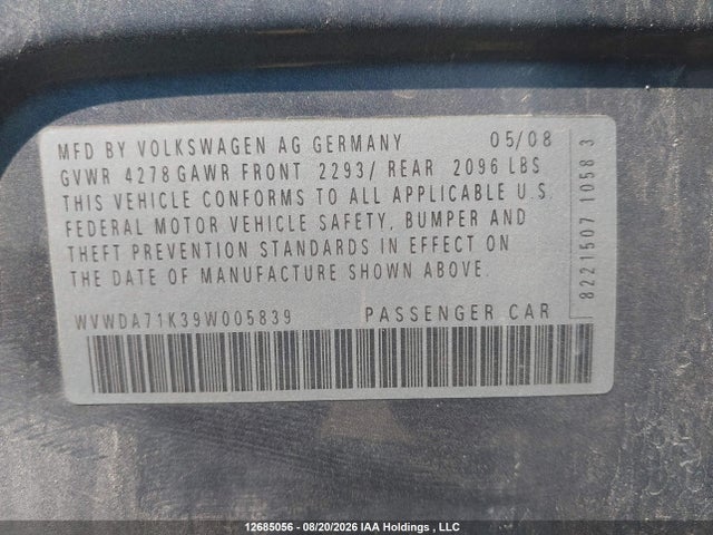 2009 Volkswagen Rabbit 5-door Comfortline/5-door Trendline მანქანა იყიდება აუქციონზე, vin: WVWDA71K39W005839, აუქციონის ნომერი: 12685056