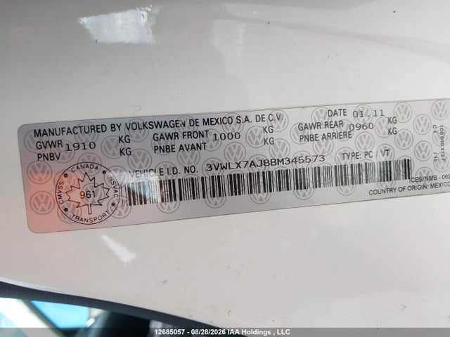 12685057 :رقم المزاد ، 3VWLX7AJ8BM345573 vin ، 2011 Volkswagen Jetta 2.5l Highline مزاد بيع