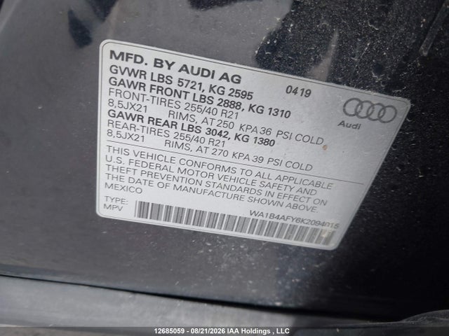 WA1B4AFY6K2094015 Audi Sq5 3.0t Premium