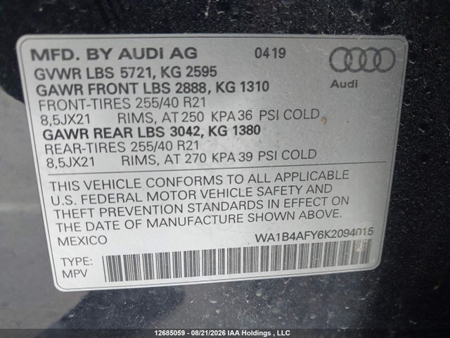 WA1B4AFY6K2094015 Audi Sq5 3.0t Premium