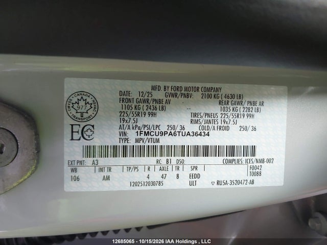 Aukcja sprzedaży 2026 Ford Escape St Line Elite, vin: 1FMCU9PA6TUA36434, numer aukcji: 12685065