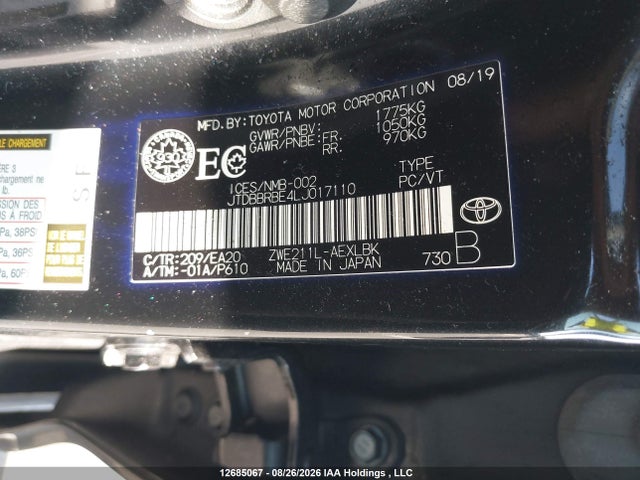 JTDBBRBE4LJ017110 Toyota Corolla Hybrid
