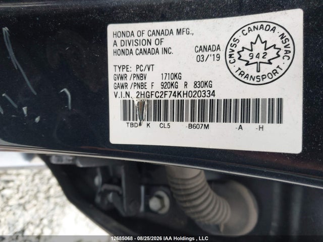 2019 Honda Civic Ex 4dr მანქანა იყიდება აუქციონზე, vin: 2HGFC2F74KH020334, აუქციონის ნომერი: 12685068