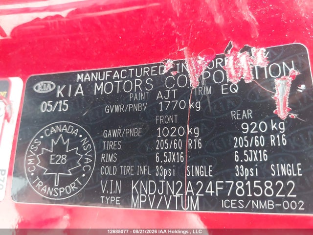 12685077 :رقم المزاد ، KNDJN2A24F7815822 vin ، 2015 Kia Soul Lx/lx+ مزاد بيع