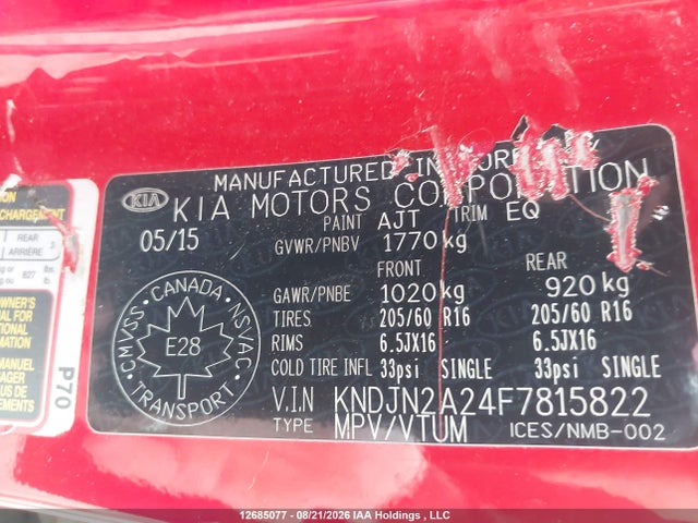 12685077 :رقم المزاد ، KNDJN2A24F7815822 vin ، 2015 Kia Soul Lx/lx+ مزاد بيع