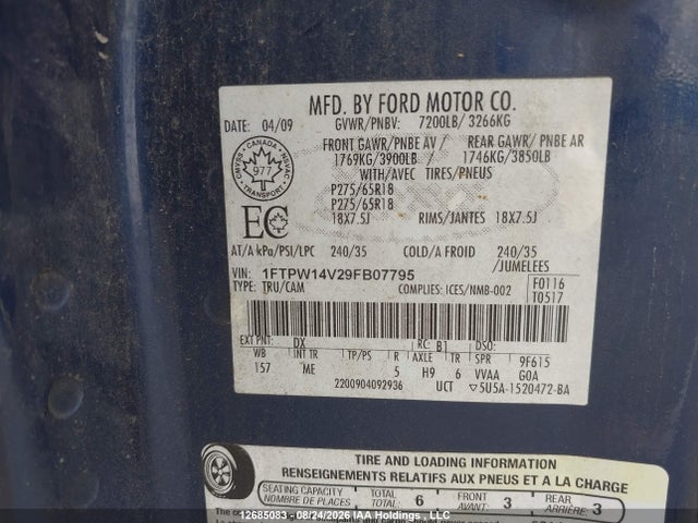 Продаж на аукціоні авто 2009 Ford F-150 Fx4/king Ranch/lariat/platinum/xlt, vin: 1FTPW14V29FB07795, номер лоту: 12685083