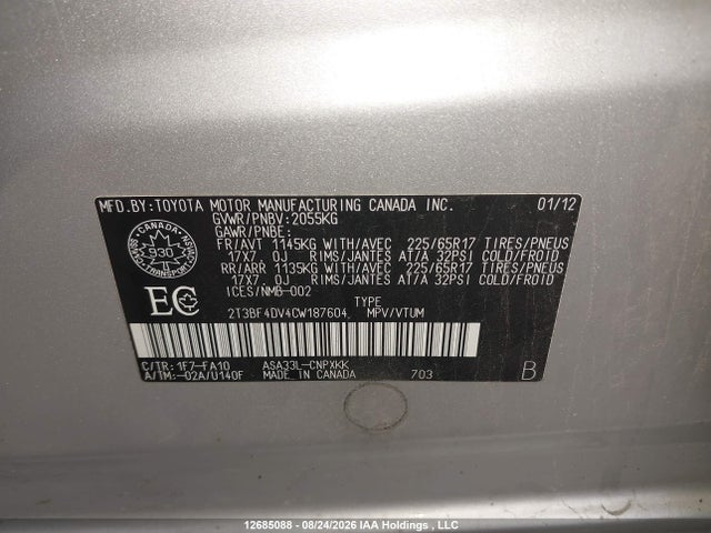 12685088 :رقم المزاد ، 2T3BF4DV4CW187604 vin ، 2012 Toyota Rav4 مزاد بيع