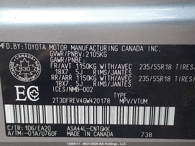 Toyota Rav4 Limited 2016 2T3DFREV4GW420178 Image 9