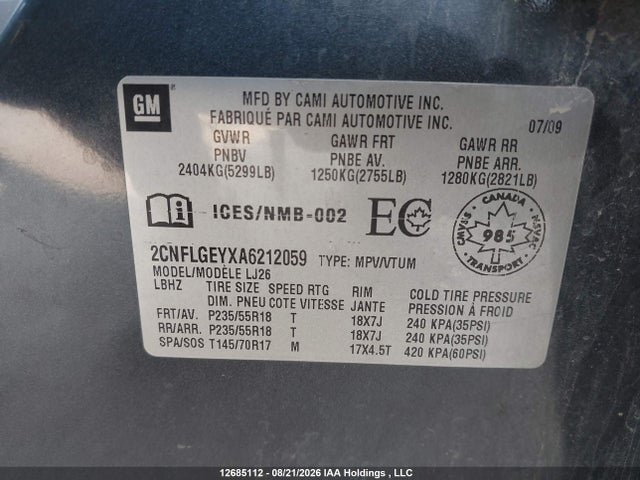 2010 Chevrolet Equinox Ltz მანქანა იყიდება აუქციონზე, vin: 2CNFLGEYXA6212059, აუქციონის ნომერი: 12685112