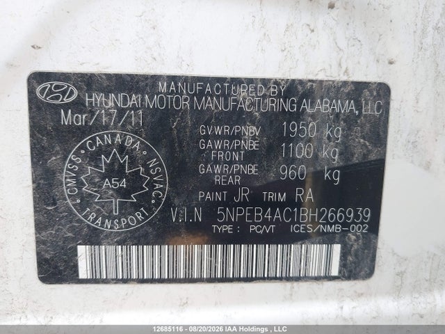 2011 Hyundai Sonata Gls მანქანა იყიდება აუქციონზე, vin: 5NPEB4AC1BH266939, აუქციონის ნომერი: 12685116