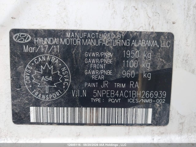 2011 Hyundai Sonata Gls მანქანა იყიდება აუქციონზე, vin: 5NPEB4AC1BH266939, აუქციონის ნომერი: 12685116