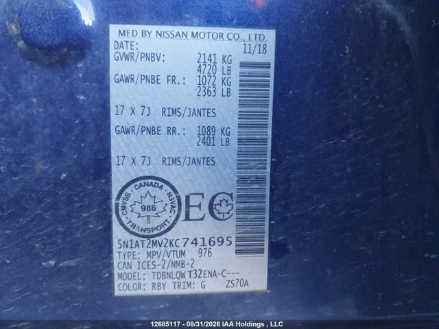 5N1AT2MV2KC741695 Nissan Rogue S/sl/sv