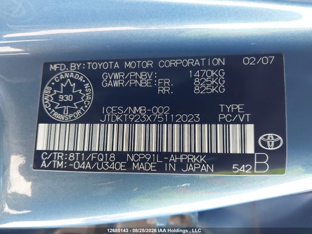 2007 Toyota Yaris Le/rs მანქანა იყიდება აუქციონზე, vin: JTDKT923X75112023, აუქციონის ნომერი: 12685143