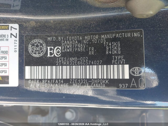 2006 Toyota Corolla Matrix Xr მანქანა იყიდება აუქციონზე, vin: 2T1KR32E66C574027, აუქციონის ნომერი: 12685153