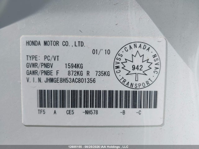 Продаж на аукціоні авто 2010 Honda Fit Lx, vin: JHMGE8H53AC801356, номер лоту: 12685155