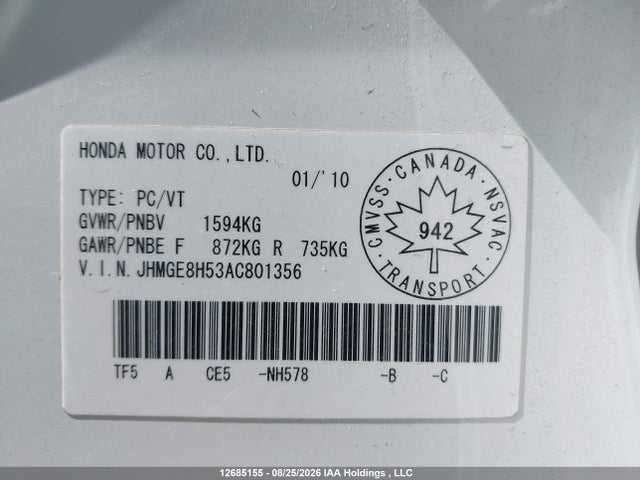 Продаж на аукціоні авто 2010 Honda Fit Lx, vin: JHMGE8H53AC801356, номер лоту: 12685155