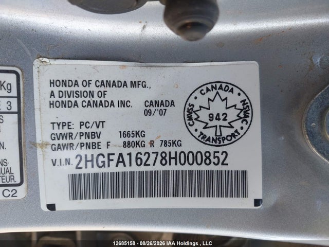 Продаж на аукціоні авто 2008 Honda Civic Dx/dx-a, vin: 2HGFA16278H000852, номер лоту: 12685158