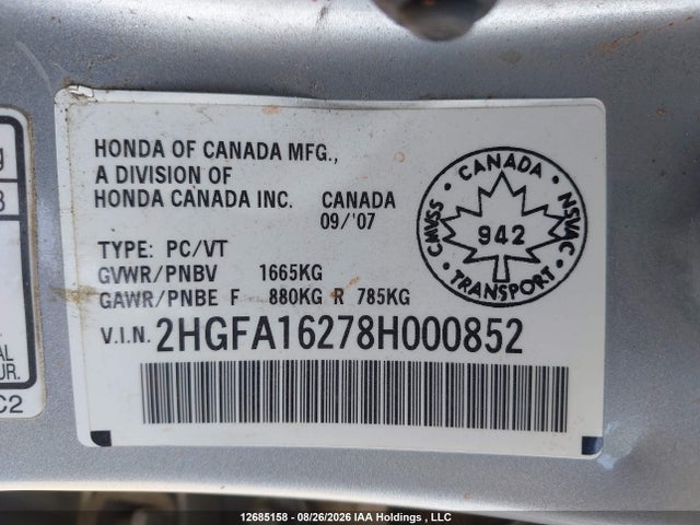 Продаж на аукціоні авто 2008 Honda Civic Dx/dx-a, vin: 2HGFA16278H000852, номер лоту: 12685158