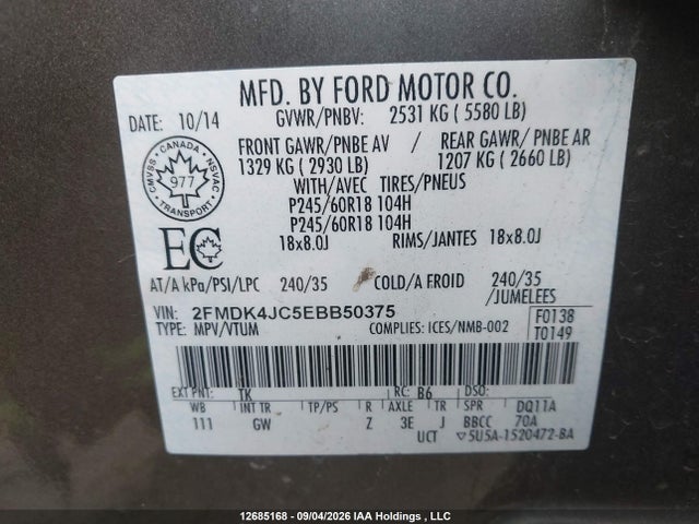 Aukcja sprzedaży 2014 Ford Edge Sel, vin: 2FMDK4JC5EBB50375, numer aukcji: 12685168