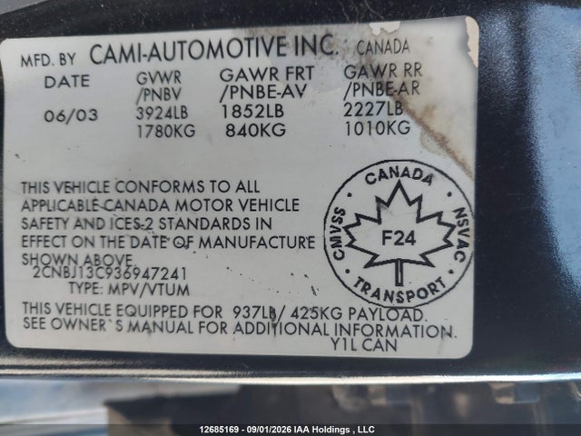 Aukcja sprzedaży 2003 Chevrolet Tracker, vin: 2CNBJ13C936947241, numer aukcji: 12685169
