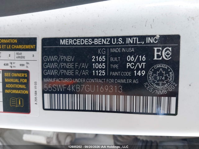 Auction sale of the 2016 Mercedes-benz C 300 4matic, vin: 55SWF4KB7GU169313, lot number: 12685202