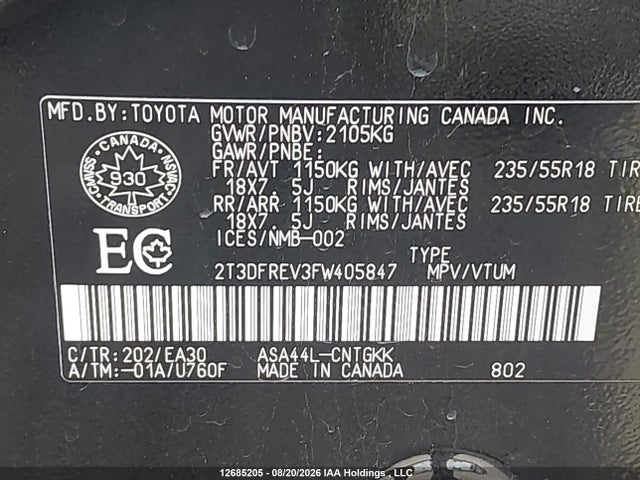 Toyota Rav4 Limited 2015 2T3DFREV3FW405847 Image 9