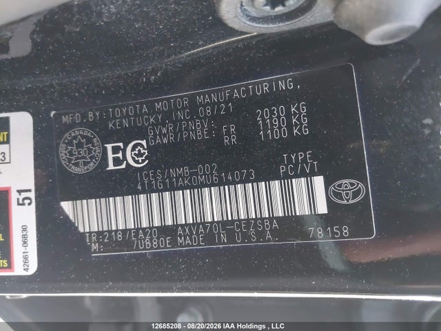 Продажа на аукционе авто 2021 Toyota Camry Se/se Night Shade, vin: 4T1G11AK0MU614073, номер лота: 12685208