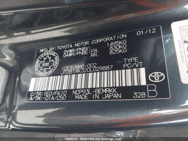 2012 Toyota Yaris მანქანა იყიდება აუქციონზე, vin: JTDBT4K32CL029887, აუქციონის ნომერი: 12685210