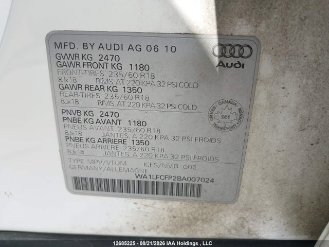 Aukcja sprzedaży 2011 Audi Q5 2.0t Premium Plus, vin: WA1LFCFP2BA007024, numer aukcji: 12685225