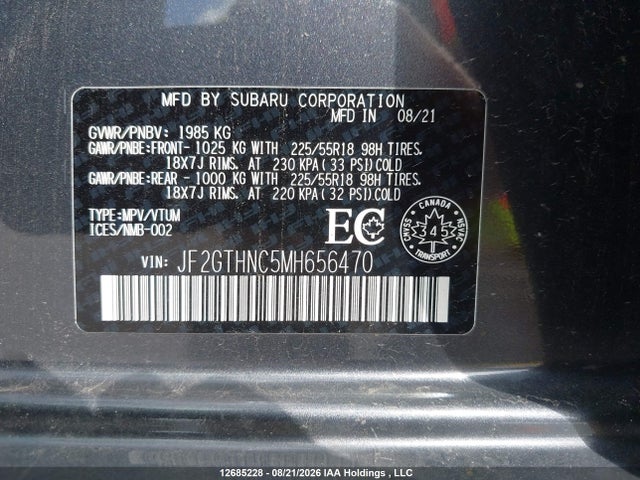 2021 Subaru Crosstrek Limited მანქანა იყიდება აუქციონზე, vin: JF2GTHNC5MH656470, აუქციონის ნომერი: 12685228