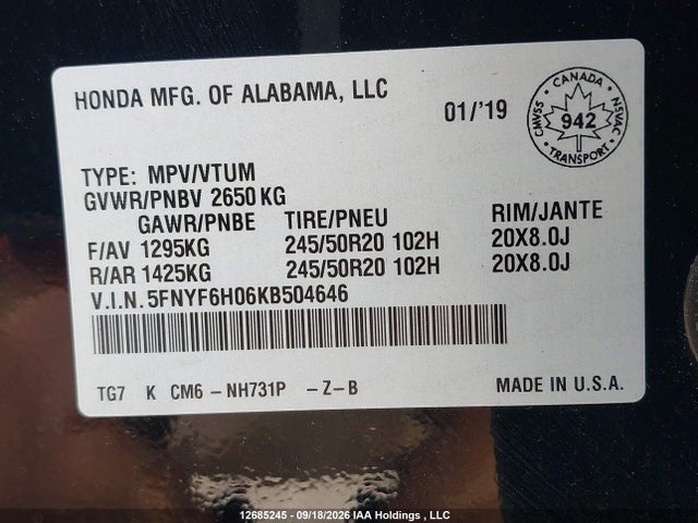 Aukcja sprzedaży 2019 Honda Pilot Black Edition, vin: 5FNYF6H06KB504646, numer aukcji: 12685245