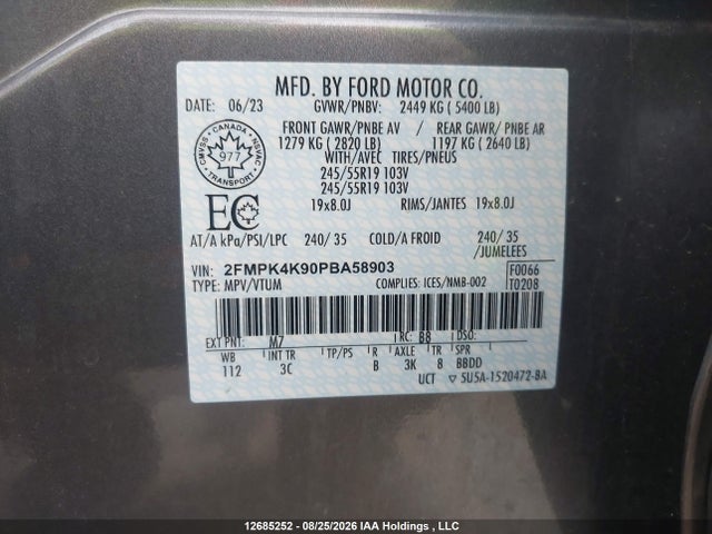12685252 :رقم المزاد ، 2FMPK4K90PBA58903 vin ، 2023 Ford Edge مزاد بيع