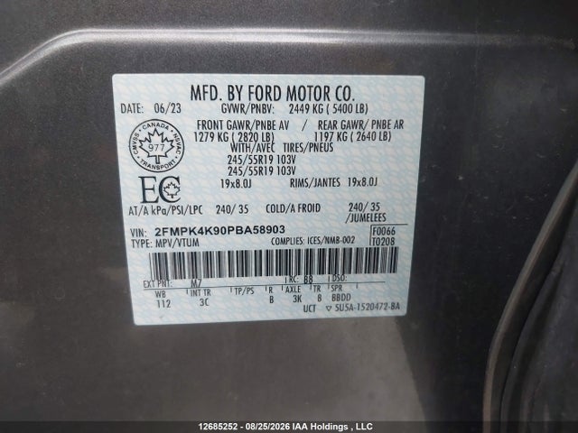 12685252 :رقم المزاد ، 2FMPK4K90PBA58903 vin ، 2023 Ford Edge مزاد بيع