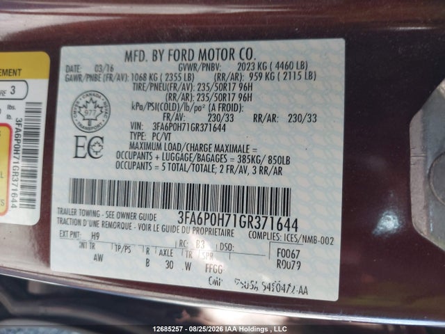 2016 Ford Fusion Se მანქანა იყიდება აუქციონზე, vin: 3FA6P0H71GR371644, აუქციონის ნომერი: 12685257