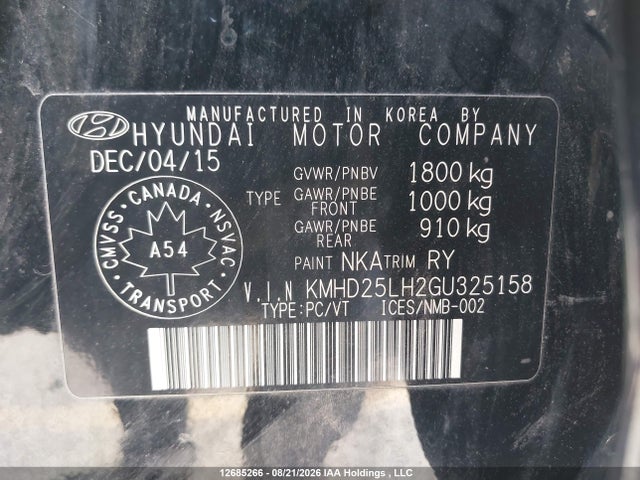 12685266 :رقم المزاد ، KMHD25LH2GU325158 vin ، 2016 Hyundai Elantra Gt Gl مزاد بيع