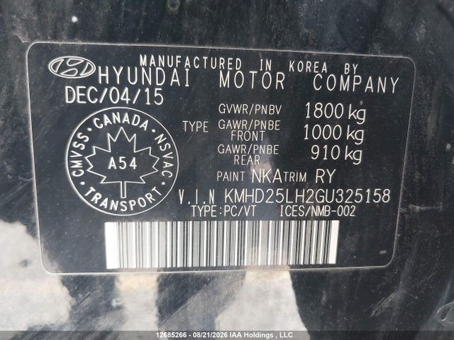 12685266 :رقم المزاد ، KMHD25LH2GU325158 vin ، 2016 Hyundai Elantra Gt Gl مزاد بيع