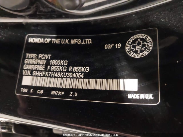 2019 Honda Civic Sport მანქანა იყიდება აუქციონზე, vin: SHHFK7H48KU304054, აუქციონის ნომერი: 12685275
