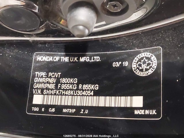 2019 Honda Civic Sport მანქანა იყიდება აუქციონზე, vin: SHHFK7H48KU304054, აუქციონის ნომერი: 12685275