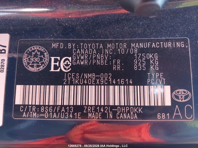 12685278 :رقم المزاد ، 2T1KU40EX9C141614 vin ، 2009 Toyota Corolla Matrix مزاد بيع