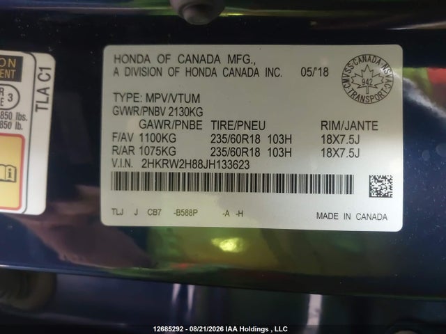 2HKRW2H88JH133623 Honda CR-V EXL