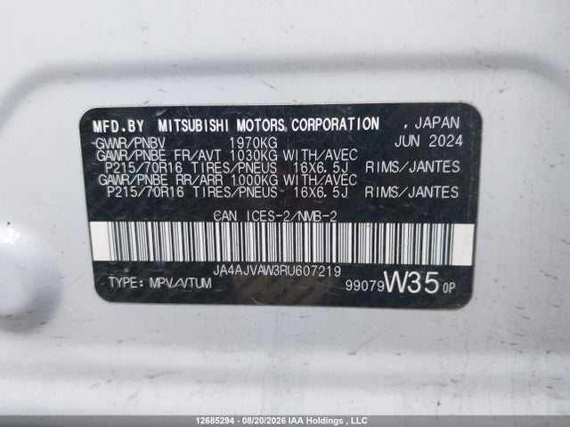 Aukcja sprzedaży 2024 Mitsubishi Rvr Se/sel/noir/gt, vin: JA4AJVAW3RU607219, numer aukcji: 12685294