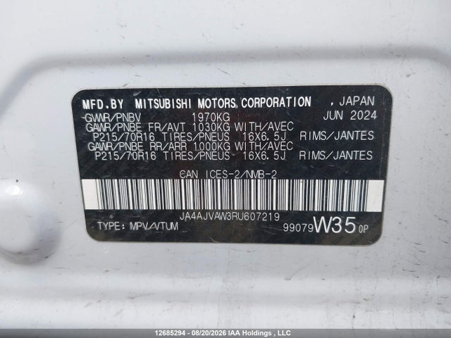 Aukcja sprzedaży 2024 Mitsubishi Rvr Se/sel/noir/gt, vin: JA4AJVAW3RU607219, numer aukcji: 12685294