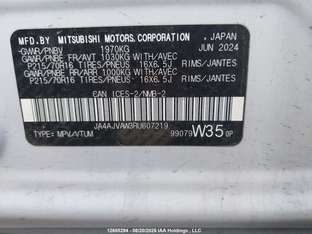Aukcja sprzedaży 2024 Mitsubishi Rvr Se/sel/noir/gt, vin: JA4AJVAW3RU607219, numer aukcji: 12685294