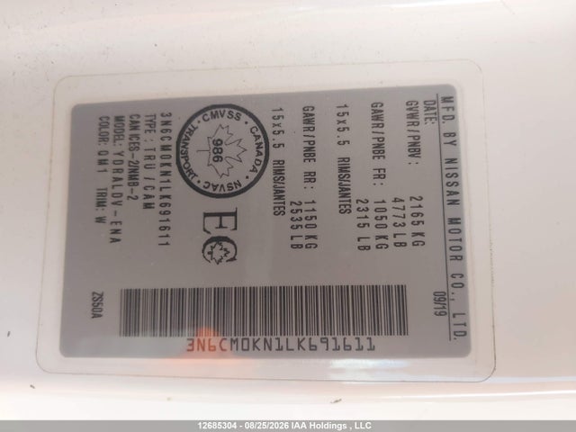 12685304 :رقم المزاد ، 3N6CM0KN1LK691611 vin ، 2020 Nissan Nv200 S/sv مزاد بيع